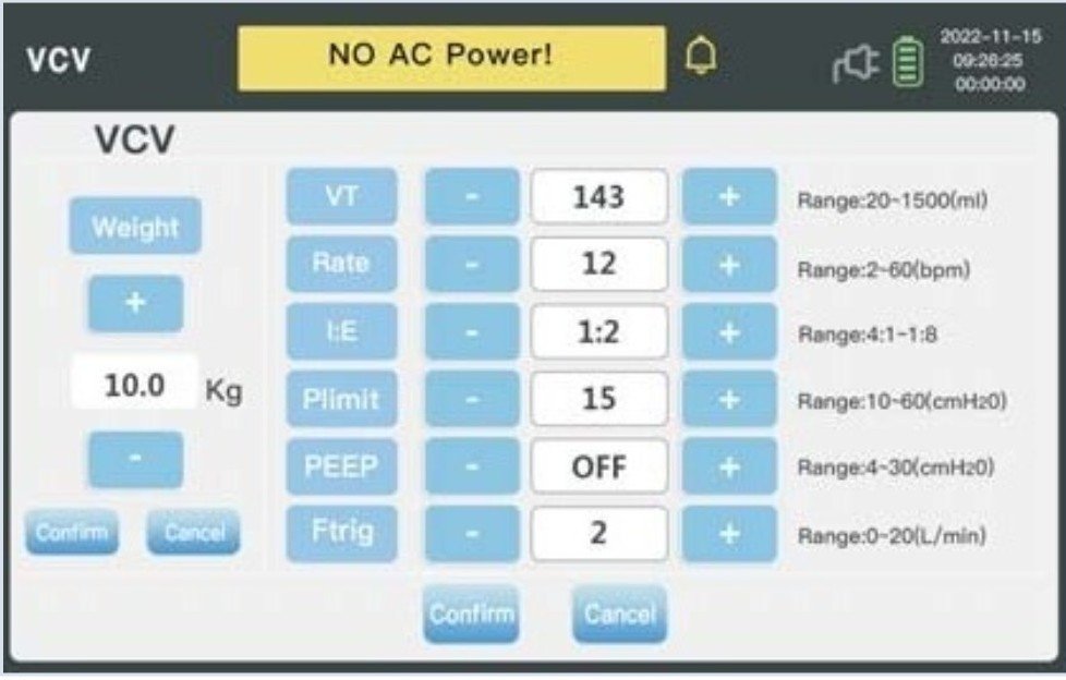 VT-800 weight-based setup screen